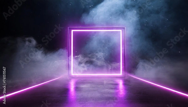 Fototapeta Futuristic neon pink purple square frame. 3D rendering. Isolated on black smoky background.