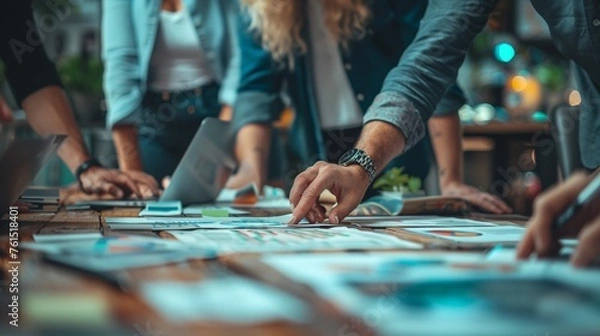 Fototapeta A diverse group of professionals gathered around a table, engaged in a brainstorming session, sharing ideas, collaborating on projects, and working together towards a common goal, showcasing teamwork.