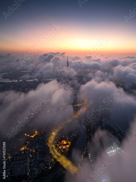 Fototapeta 
The top of the Landmark 81 building, the tallest in Vietnam, floats in the clouds. Photo taken in August 2023