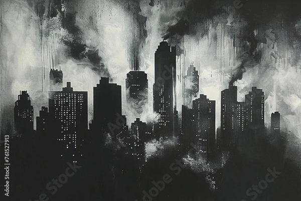 Fototapeta Black and white abstract cityscape with cloud-like smoke above buildings