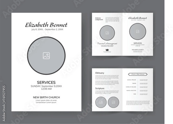 Obraz Funeral  Template for Memorial Program. Minimalist Bifold Brochure Design Layout.