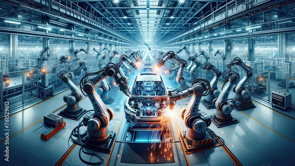 Fototapeta Automotive Robotics Mastery - High-Tech Car Assembly Line Digital Art for Industrial Design

Keywor