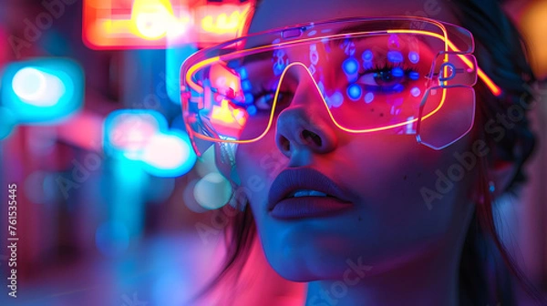 Fototapeta Close-up image with neon light reflections offering a futuristic atmosphere around a veiled subject
