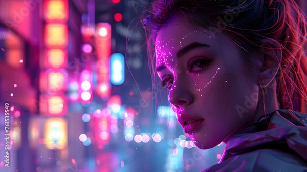 Fototapeta A vivid portrayal of urban nightlife ambiance with a prominently featured subject obscured by a blurred square