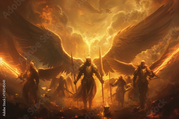 Fototapeta Archangels wielding flaming swords, standing guard at the gates of paradise, as demons are banished to the depths of hell, judgment day, doomsday, God is Judging,