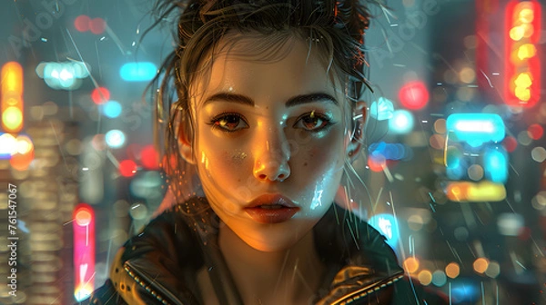 Fototapeta Digital artwork of a female subject's captivating expression against a blurred neon background