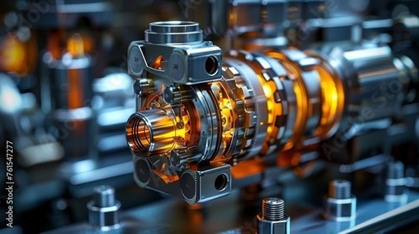 Fototapeta Close-up of a complex industrial machine part with glowing elements, highlighting precision engineering and advanced manufacturing processes.