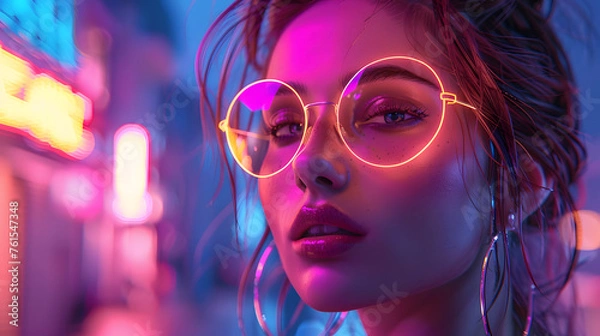 Fototapeta An evocative image featuring a woman with striking eyes and neon lighting