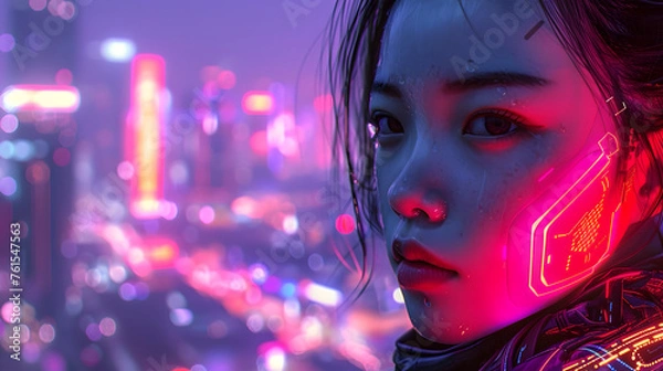 Fototapeta A futuristic portrayal of a woman with cybernetic enhancement against a blurred cityscape at night