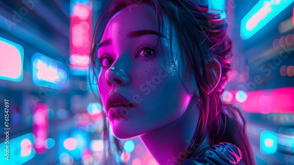 Fototapeta An immersive image of a woman with glowing speckles on her face surrounded by neon lights in a night setting