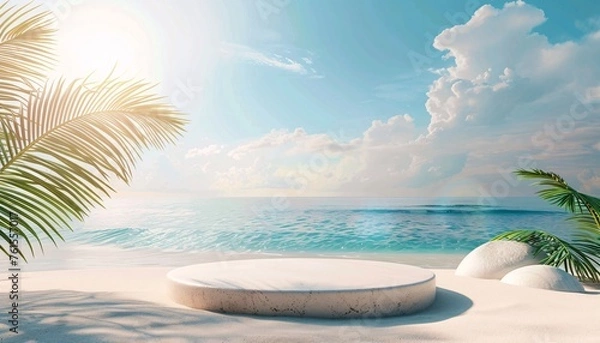 Fototapeta beach podium concept, Summer sand and tropical sea background with abstract stone podium, empty podium stages for new product presentation, ai generative