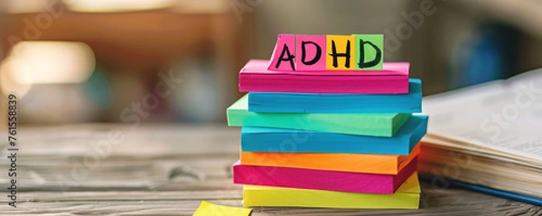 Fototapeta Vibrant stack of multicolored sticky notes, the top one featuring the acronym 'ADHD'