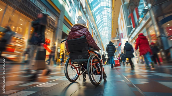 Obraz In a busy urban shopping center, a person in a wheelchair navigates through the bustling crowd, representing the everyday movement and accessibility in public spaces. Inclusivity in modern society.