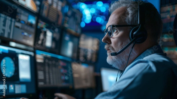 Obraz An experienced professional with glasses is focused on a control panel with multiple monitors, indicating a high level of expertise in surveillance and monitoring