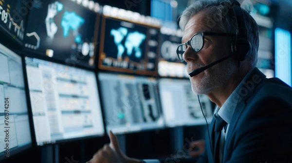 Fototapeta A male professional with a headset is actively engaging with high-tech monitoring systems, his expression one of focused control. The technology-driven control center