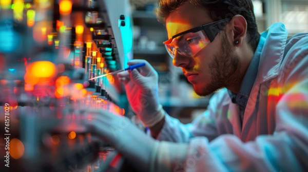 Fototapeta Scientist Engaged in Neon-Lit Analysis.
With a pen in hand, a scientist meticulously records findings while neon lights cast a glow on the research process, symbolizing the fusion of data.