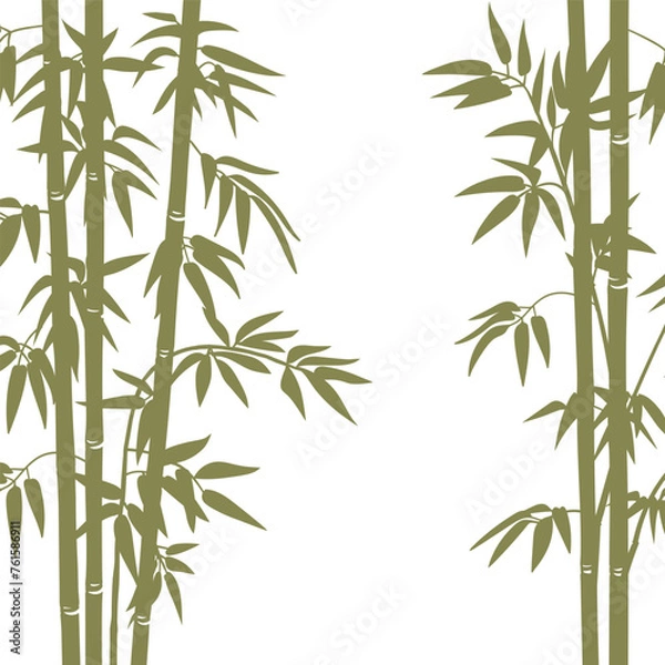 Fototapeta Green bamboo background. Cartoon Chinese or Japanese flora backdrop, asian bamboo forest plants with branches and leaves flat vector illustration. Bamboo sprouts pattern