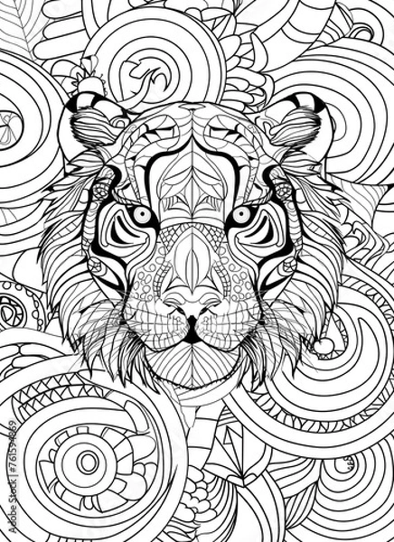 Fototapeta Portrait of a tiger. A coloring book for adults. Detailed patterns.