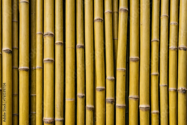 Fototapeta Background is made of vertical whole dry stems of yellow bamboo. Dense laying of trunks of different width, one row thick. Natural ecological material for design. Complete filling of frame. Close-up.