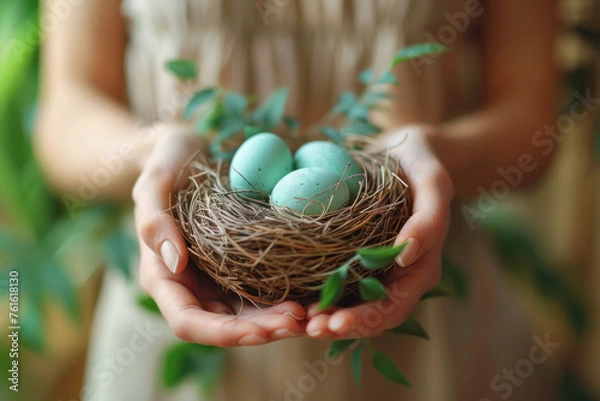 Fototapeta A woman is holding a nest with three eggs in it. The nest is made of twigs and leaves, and the eggs are green. The woman's hands are holding the nest gently, and the scene has a peaceful