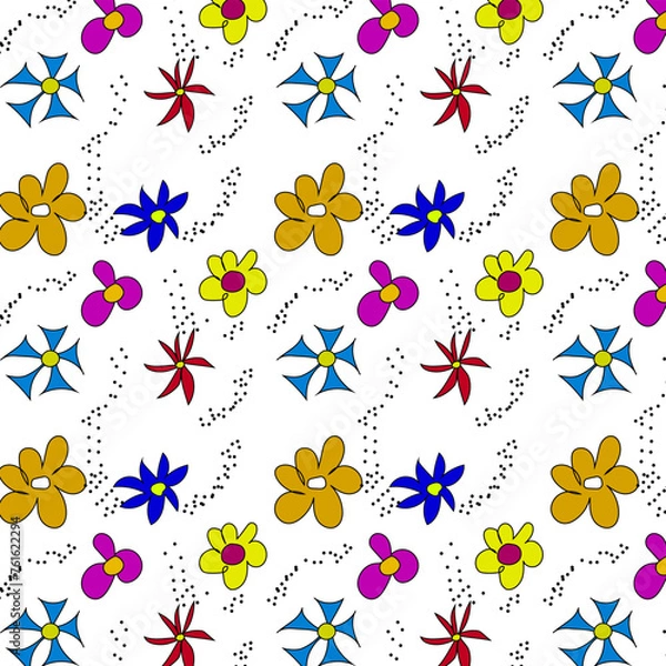 Fototapeta A set of fun and primitive flower designs. Seamless color pattern on a white background. Creative collection of abstract art for kids or holiday design. Simple children's drawings with a textured prin