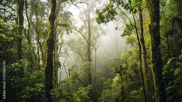 Fototapeta A peaceful rainforest with mist rolling in among tall trees    AI generated illustration