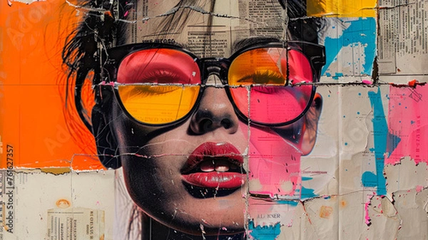 Fototapeta Womans face with colorful glasses. Woman portrait trendy art collage. Contemporary art with vivid neon colors and ripped paper.