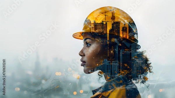 Fototapeta Collage silhouette of a woman in profile in a yellow helmet, in a silhouette image of buildings under construction. Double exposure of female construction worker in helmet and cityscape. Mixed media.
