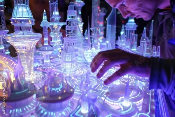 Fototapeta A man is working on a model of a city with a glowing blue light