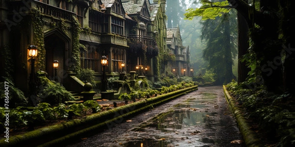 Fototapeta A gloomy old mansion, surrounded by dense greenery of the forest, like an abandoned castle in a