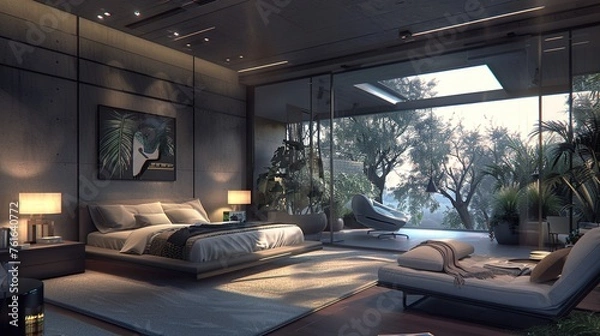 Fototapeta A luxurious contemporary bedroom with floor-to-ceiling windows, a cozy reading nook, and elegant decor, offering a serene retreat in breathtaking