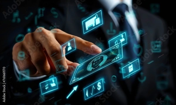 Obraz Entrepreneur know customer concept, identity of your clients for growing business, businessman touching a virtual screen with virtual KYC icon.  Identity for concepts of working from home online