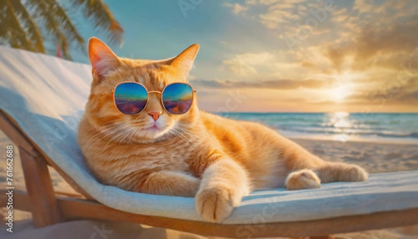 Fototapeta Fat orange cat wearing sunglasses laying on a sunbed at the beach. Ginger tomcat boss summer holiday resting seaside on a tropical resort
