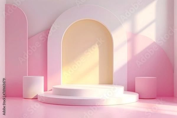 Fototapeta Minimalistic 3D Product Stage with Pastel Accents on a Podium Arch Wall