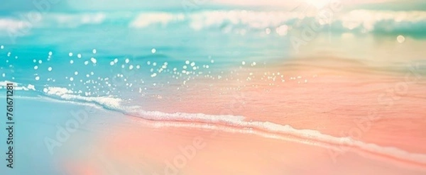 Obraz Beautiful summer background with a sandy beach and blue sea water, close up and blurred, copy space concept. Summer vacation banner template design for travel or decoration background