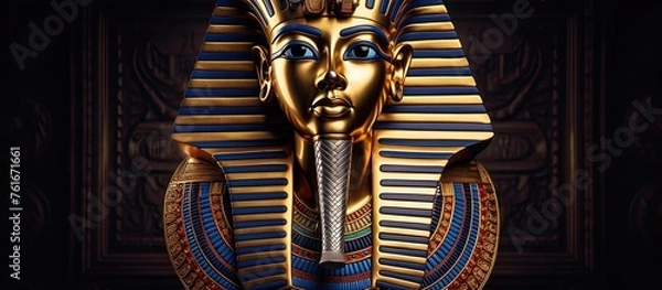 Fototapeta Macro photography of a pharaohs face statue on a dark background, highlighting the intricate details in the metal art. The darkness adds a mysterious and fictional character to the image