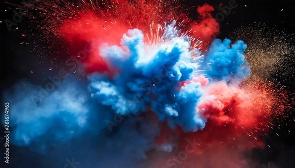 Fototapeta Background of dust explosions colored in red, white, and blue. A burst of fiery American flag colors 