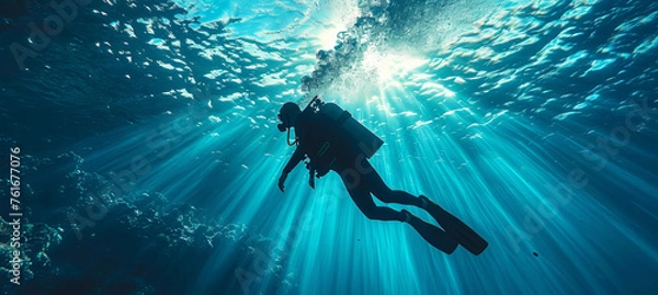 Obraz person in diving amidst vibrant coral reefs and a variety of colorful fishes, travel concept