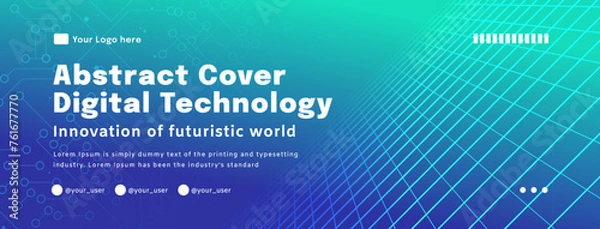 Fototapeta Digital technology poster cover speed connect blue green background, cyber information, abstract communication, innovation future tech data, internet network connection, Ai big data blend illustration