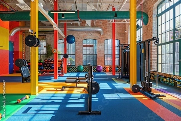 Fototapeta A spacious indoor gym filled with a diverse selection of exercise machines and equipment for various workouts, A vibrant gym with multi-colored equipment, AI Generated