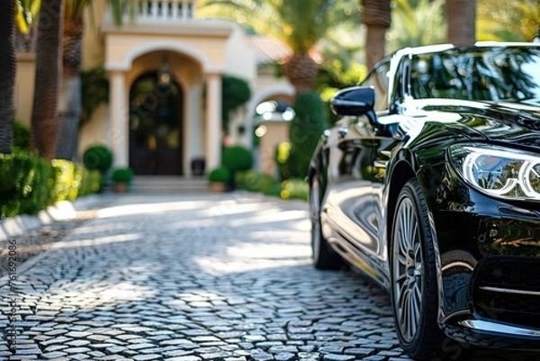 Fototapeta A black luxurious car parked elegantly on a cobblestone driveway in front of a posh private residence