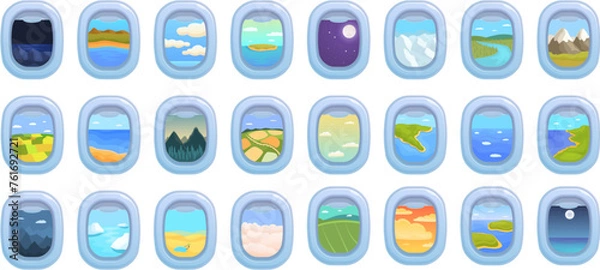 Fototapeta Airplane window view icons set cartoon vector. Travel air touristic. Trip worldwide