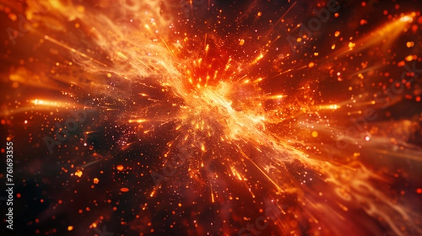Fototapeta A bright orange explosion in space with lots of fire and sparks