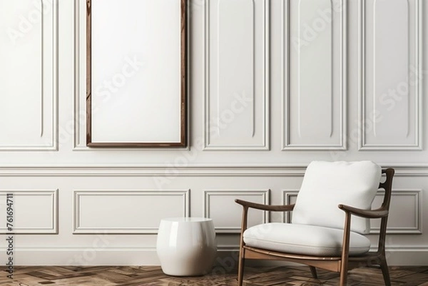 Fototapeta Mockup poster blank frame hanging above a modern guest room's reading nook