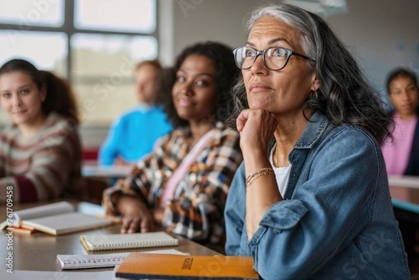 Fototapeta Senior woman participating in lifelong learning class. Elderly student engages in education among younger classmates 