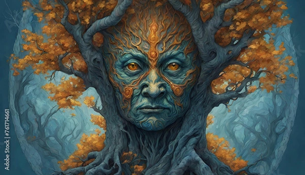 Fototapeta Portrait of queen of dreams bioluminescent extremely beautiful, A man with a tree on her face