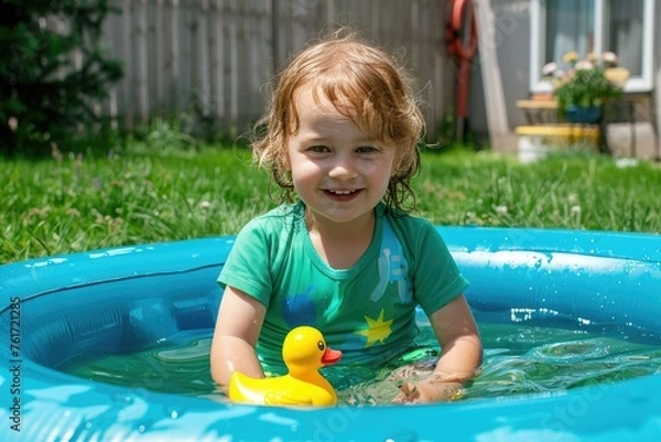 Fototapeta A child girl bathes in an inflatable pool in the yard. Holidays. Childhood. hot weather. Splash in the pool.
