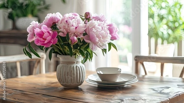 Fototapeta Elevate your dining experience with our photo of a vase filled with pink peonies on a rustic wooden table in a cozy dining room