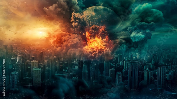 Fototapeta Apocalyptic cityscape with exploding moon