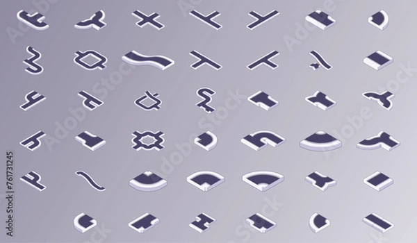 Obraz Isometric highway constructor. Curve straight crossing road segments, way winding and crossing route paths for city transport map. Vector set